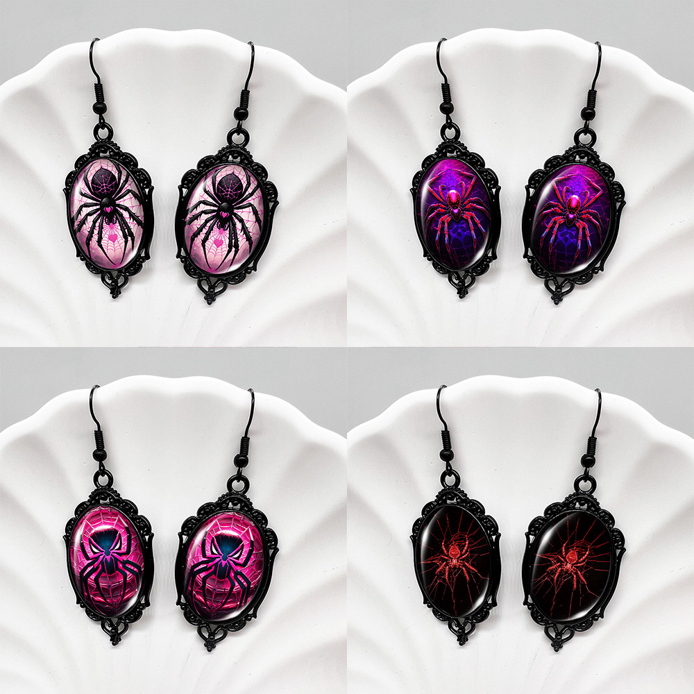 (Assorted 4-Pair Set) Gothic Spider Dangle Earrings - Vintage Black Frame