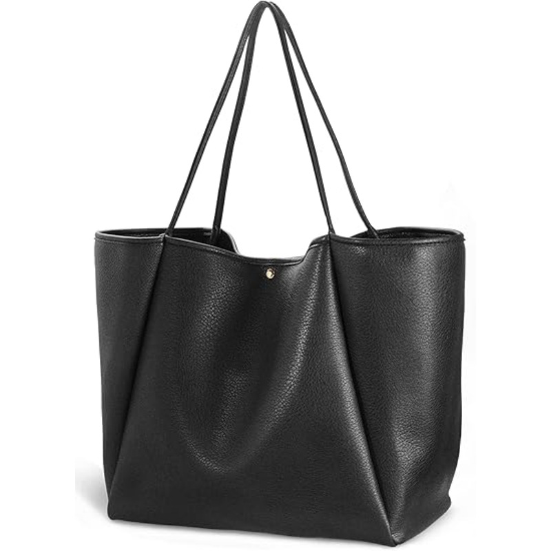 Black Classic Oversized Tote Bag - Soft Faux Leather Shoulder Purse for Work