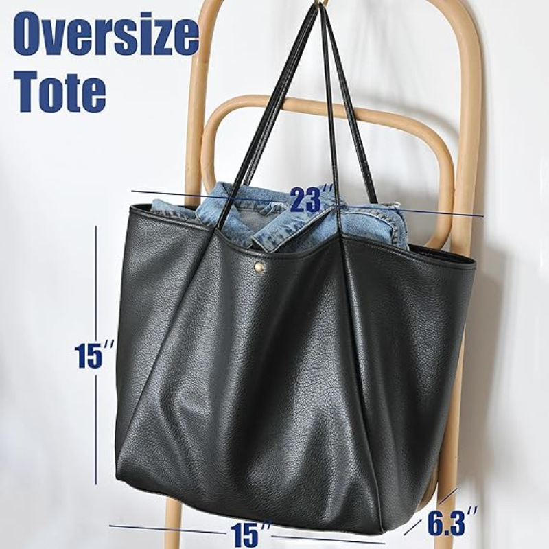 Black Classic Oversized Tote Bag - Soft Faux Leather Shoulder Purse for Work view 2