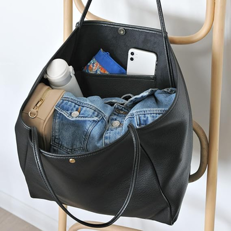 Black Classic Oversized Tote Bag - Soft Faux Leather Shoulder Purse for Work view 3