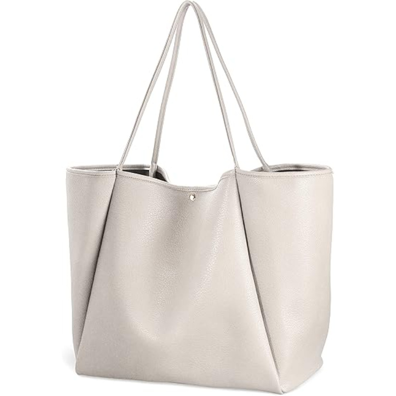 Beige Classic Oversized Tote Bag - Soft Faux Leather Shoulder Purse for Work