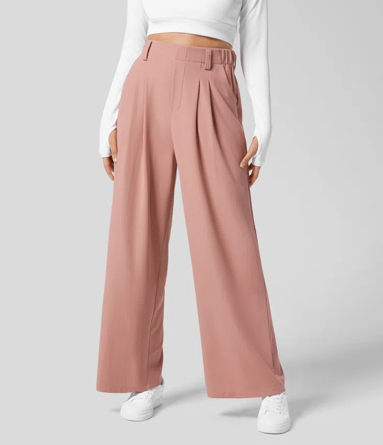 S Pink Drapey High-Waist Wide-Leg Trousers - Loose Fit Casual Long Pants for Women — image 1
