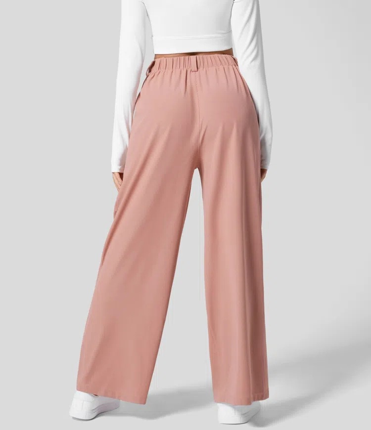 S Pink Drapey High-Waist Wide-Leg Trousers - Loose Fit Casual Long Pants for Women view 2
