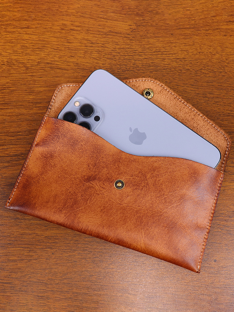 Brown Vintage Japanese Style Full-Grain Leather Phone Wallet - Slim Envelope view 3