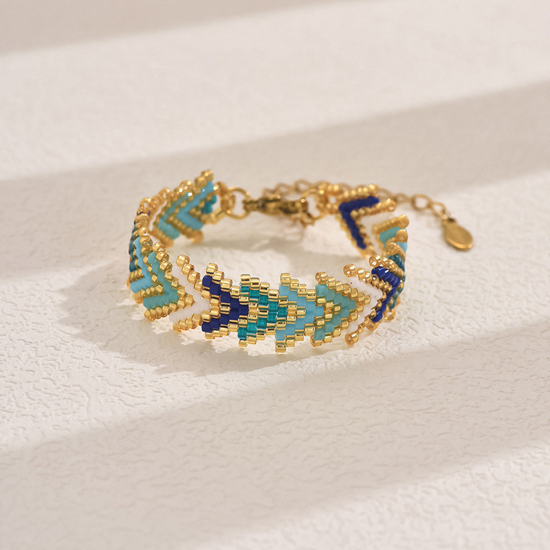 Blue Miyuki Beaded Bohemian Rainbow Arrow Handmade Stainless Steel Bracelet