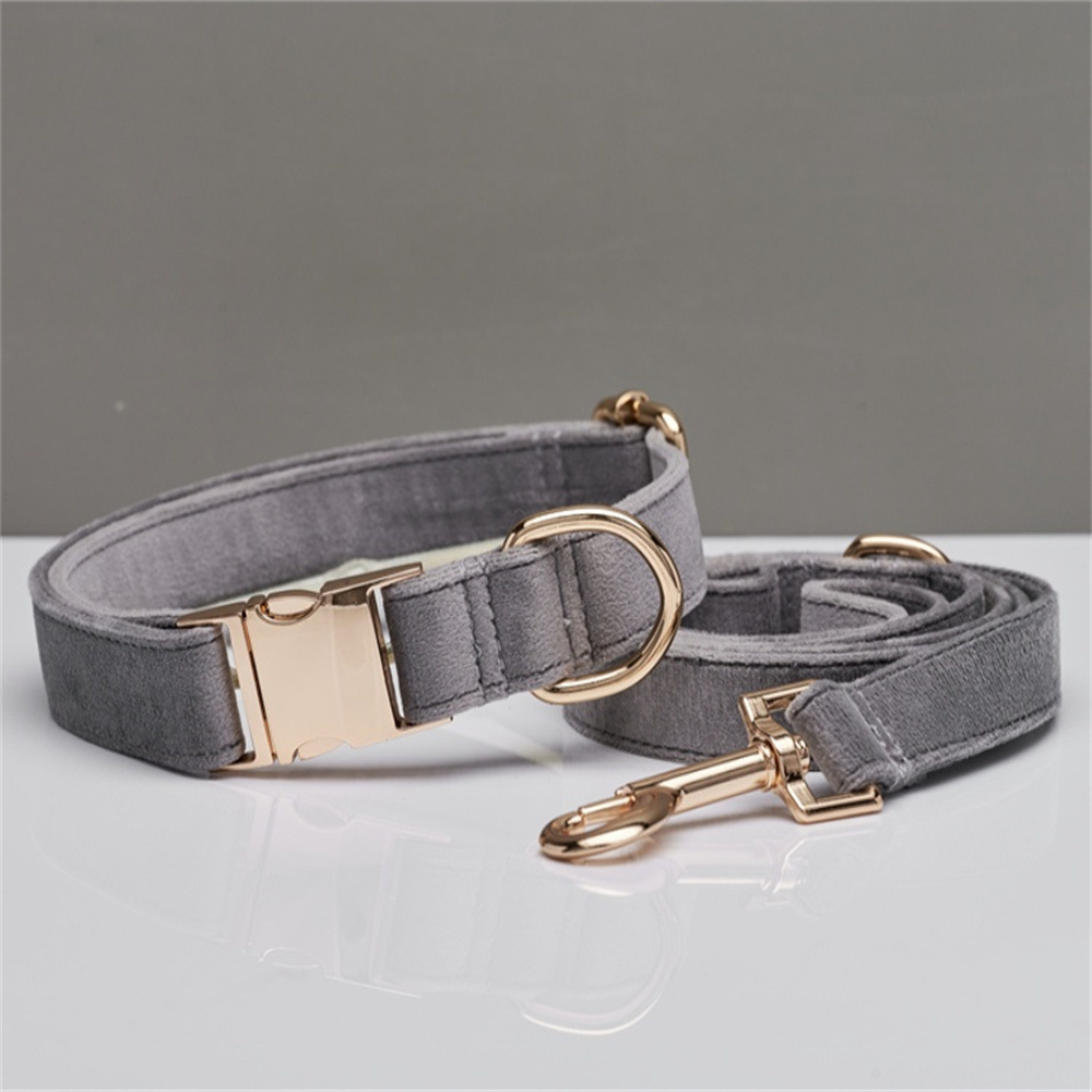 S Grey Luxury Velvet Pet Collar & Leash Set - Engravable Dog Collar with Gold — image 1