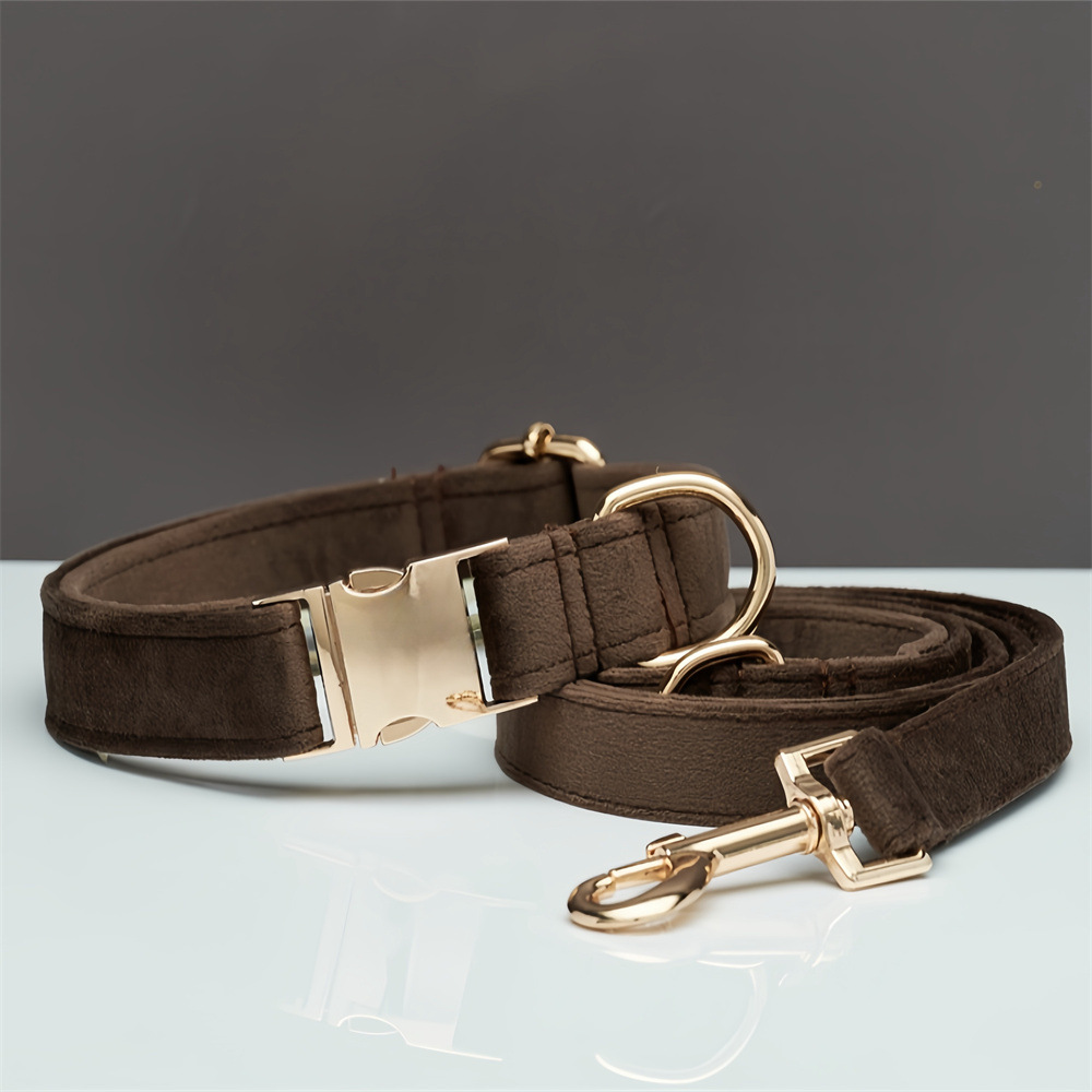 L Brown Luxury Velvet Pet Collar & Leash Set - Engravable Dog Collar with Gold — image 1
