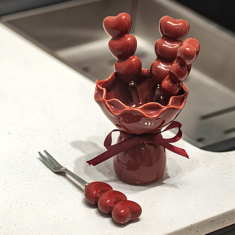 Red Cute Dessert & Fruit Forks with Ceramic Storage Jar - High-Value Creative view 2