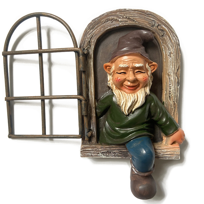 Green-clad White-bearded Old Man Climbing Window Gnome Figurine - Resin Craft