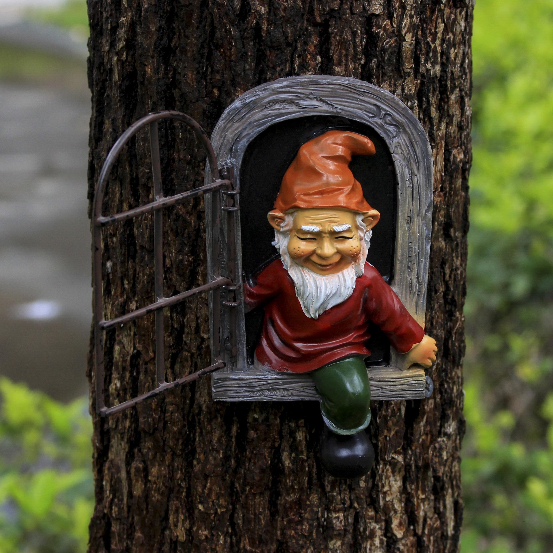 Red-clad White-bearded Old Man Climbing Window Gnome Figurine - Resin Craft