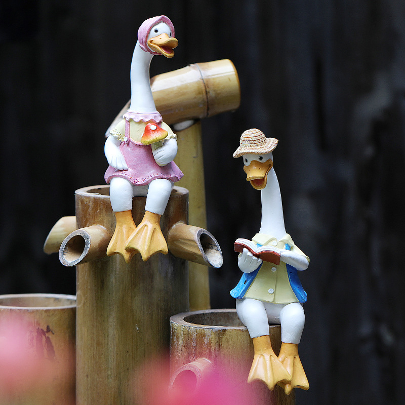Garden Cartoon Reading Duck Couple Figurines - Outdoor Courtyard view 2