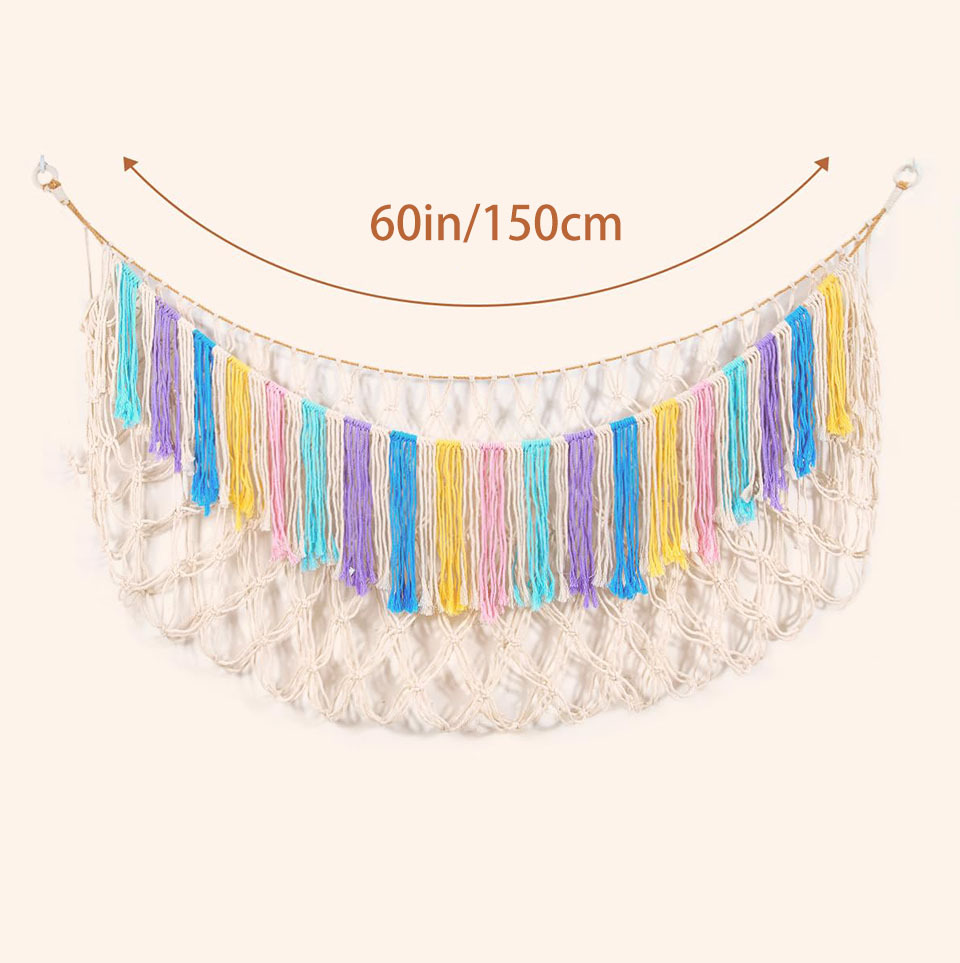 Multicolor Hand-Woven Cotton Rope Plush Toy Hammock - Wall Organizer with Tassels