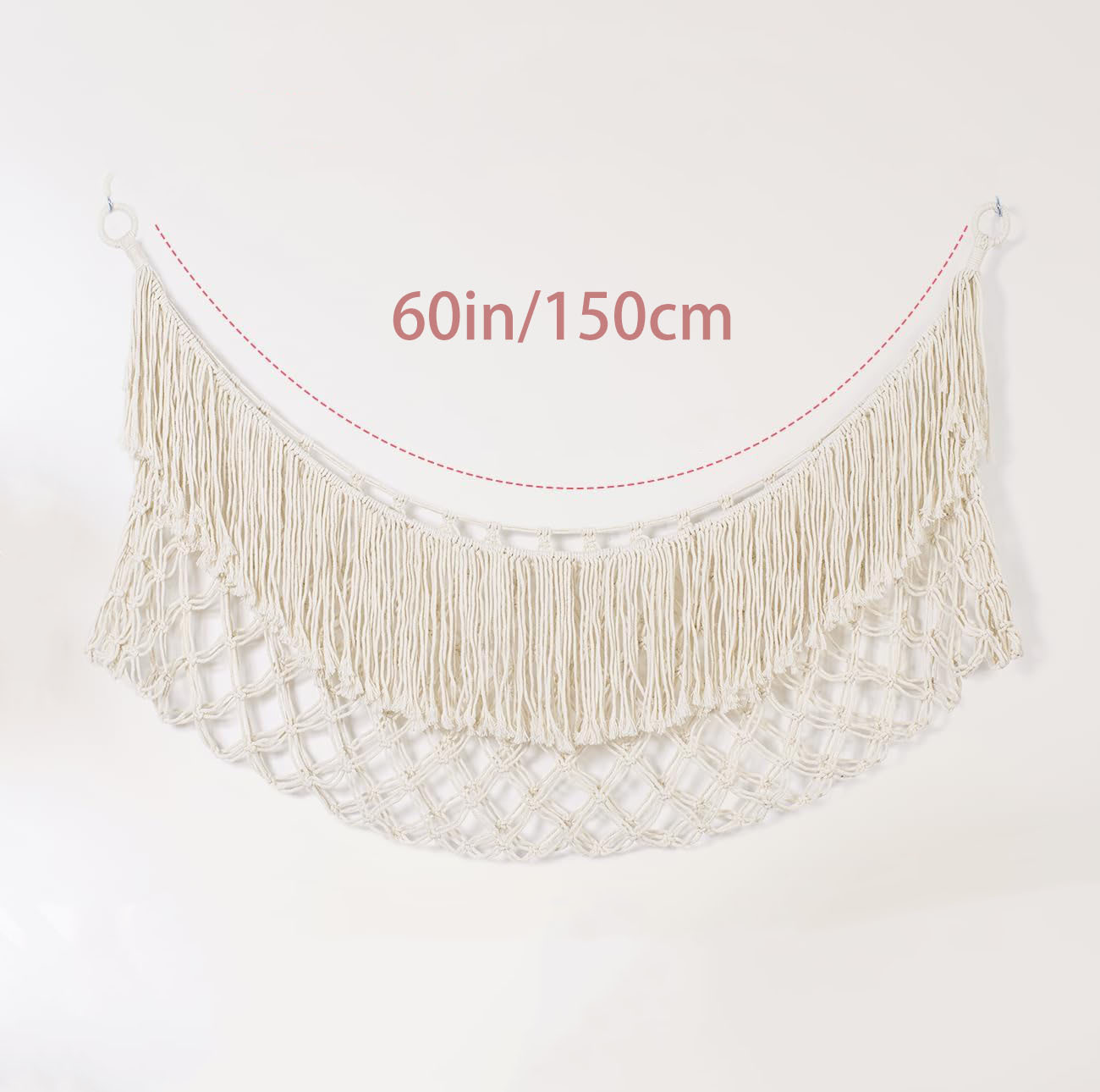 White Hand-Woven Cotton Rope Plush Toy Hammock - Wall Organizer with Tassels
