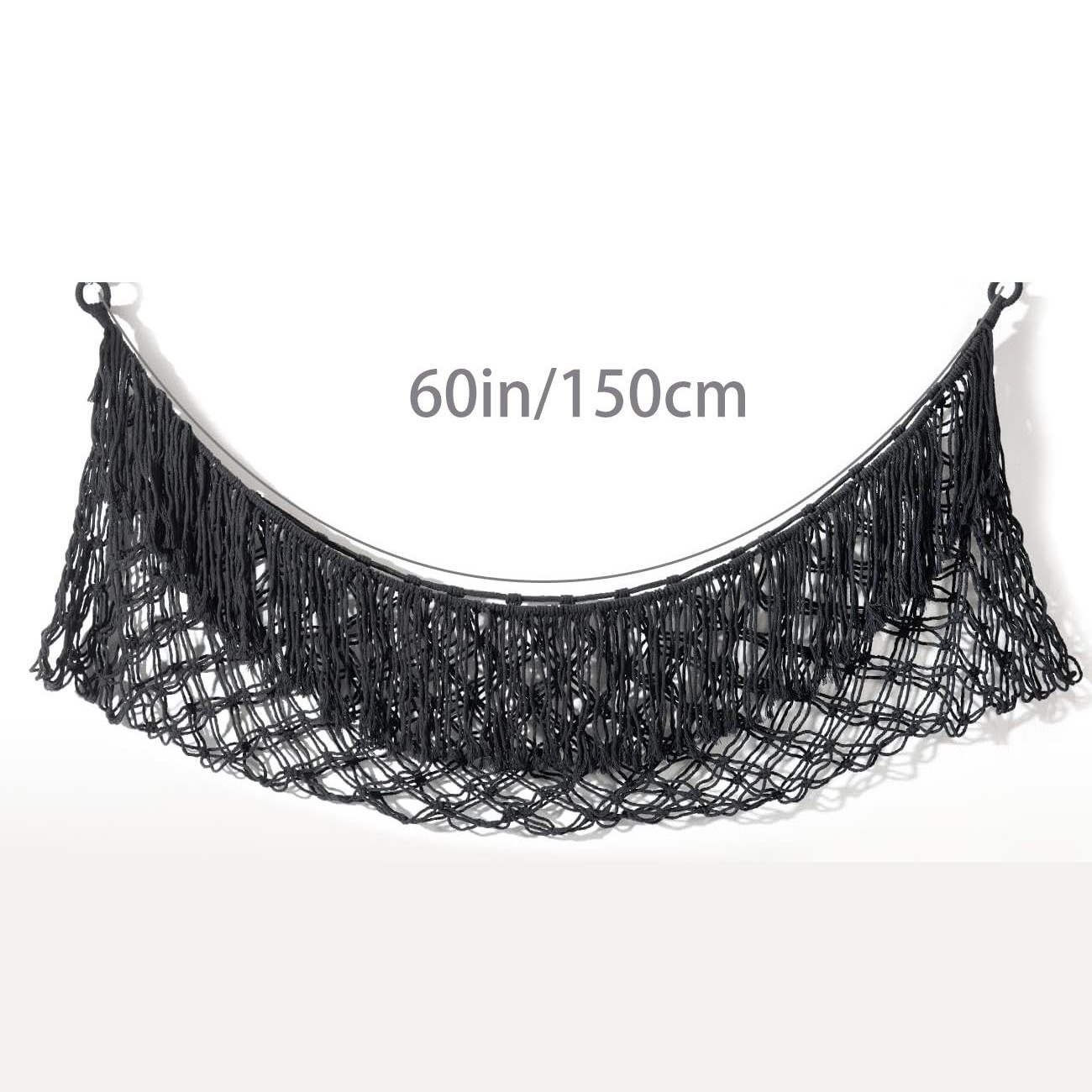 Black Hand-Woven Cotton Rope Plush Toy Hammock - Wall Organizer with Tassels