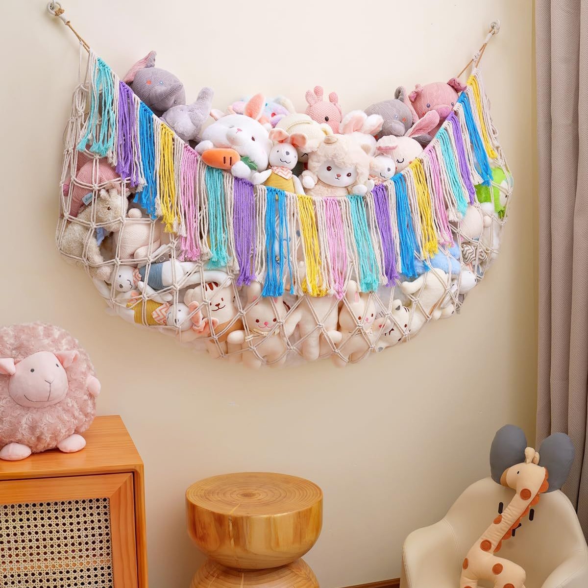 Black Hand-Woven Cotton Rope Plush Toy Hammock - Wall Organizer with Tassels view 2
