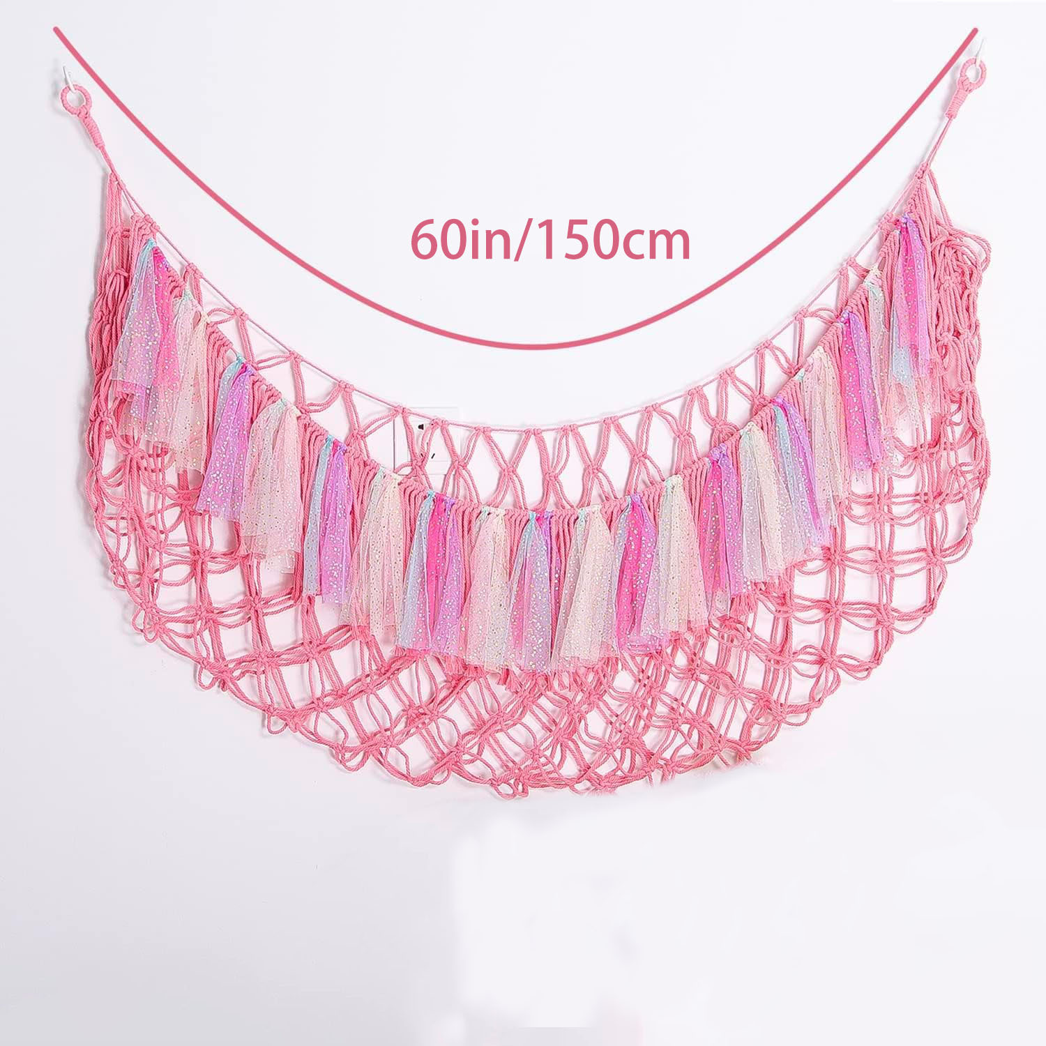 Pink Hand-Woven Cotton Rope Plush Toy Hammock - Wall Organizer with Tassels