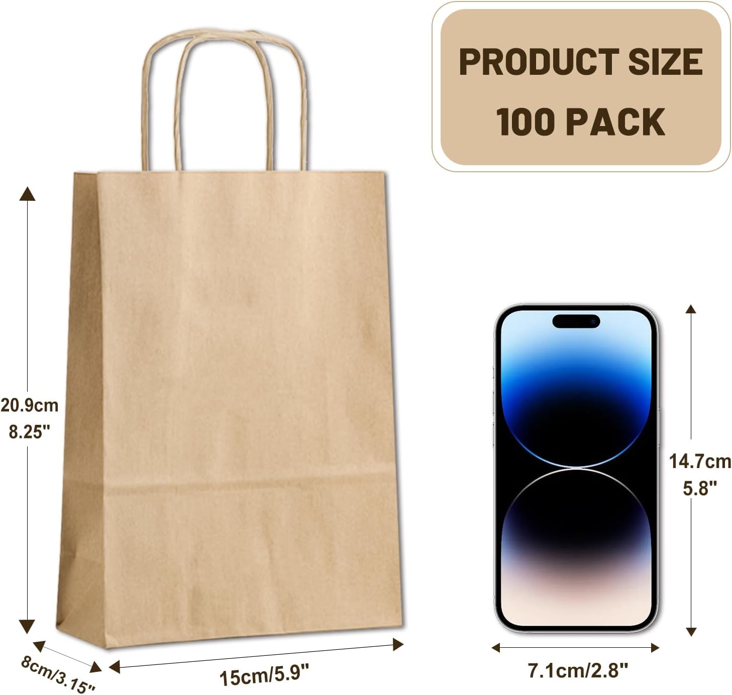 Gift Bags 8.25"X5.9 "X3.15" 100pcs Brown Kraft Paper Bag with Handles for view 2