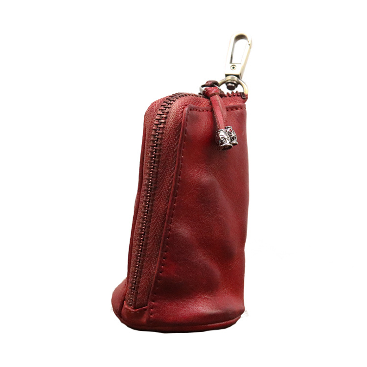 Red Vintage Top-Grain Cowhide Key Pouch - Men's Large Capacity Waist-Mounted