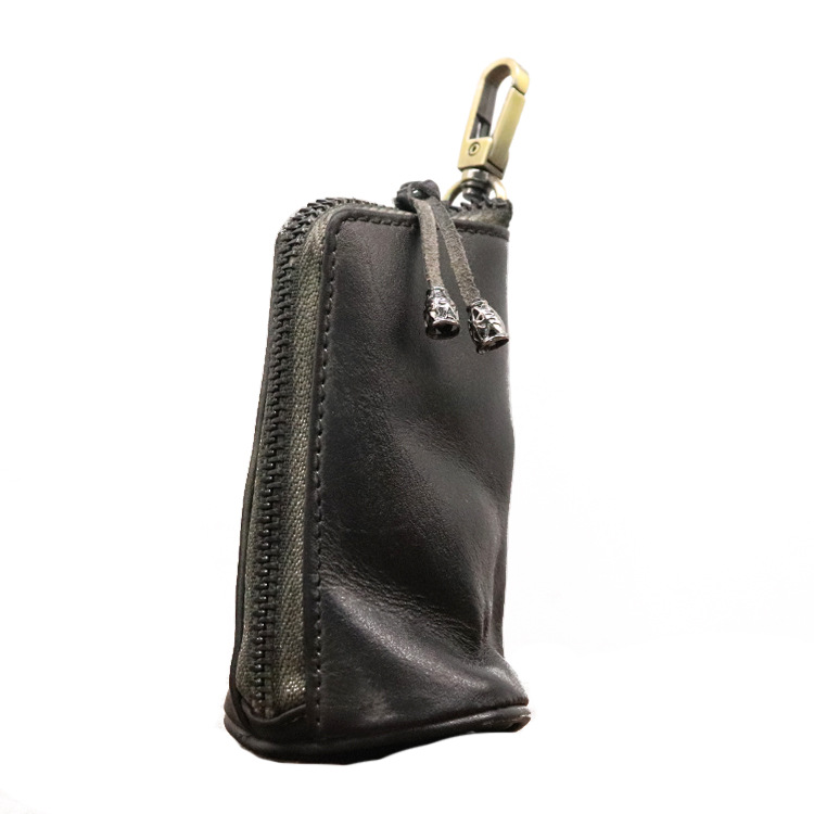 Black Vintage Top-Grain Cowhide Key Pouch - Men's Large Capacity Waist-Mounted