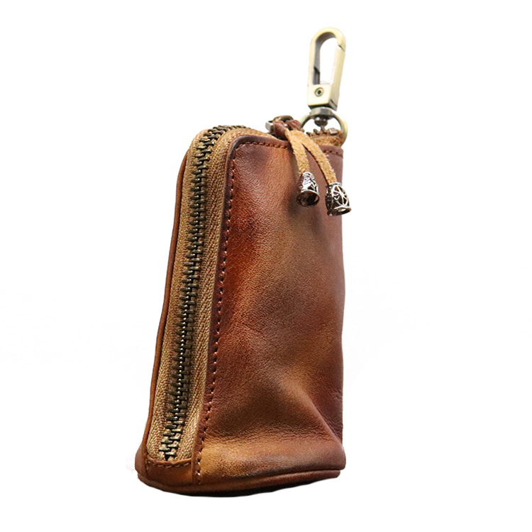 Brown Vintage Top-Grain Cowhide Key Pouch - Men's Large Capacity Waist-Mounted