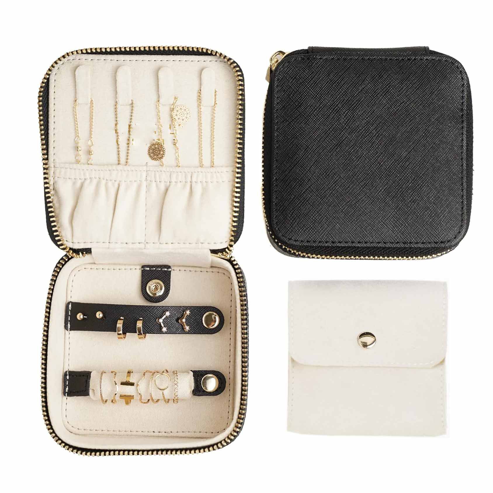 Black "Small But Mighty" Leather Jewelry Box - Portable Organizer for Earrings