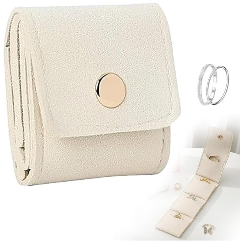 Beige Portable Mini Jewelry Pouch Soft Velvet Travel Organizer for Rings and