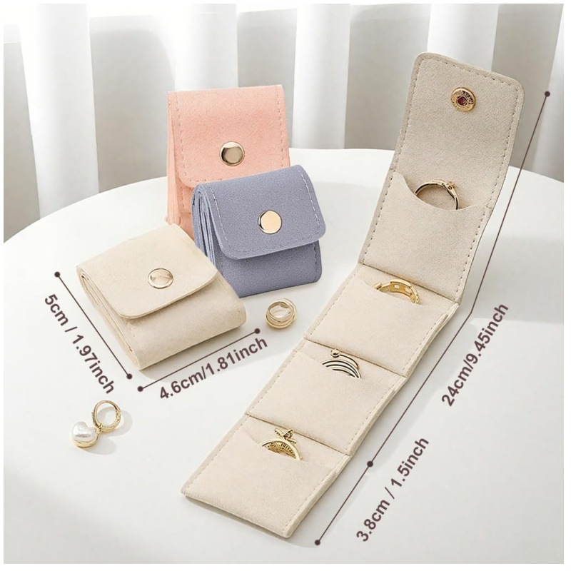 Beige Portable Mini Jewelry Pouch Soft Velvet Travel Organizer for Rings and view 4