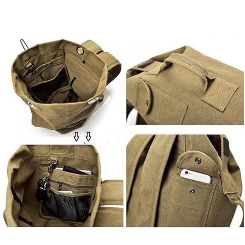 Khaki Vintage Canvas Backpack Large Capacity Rucksack for Travel and Hiking view 2