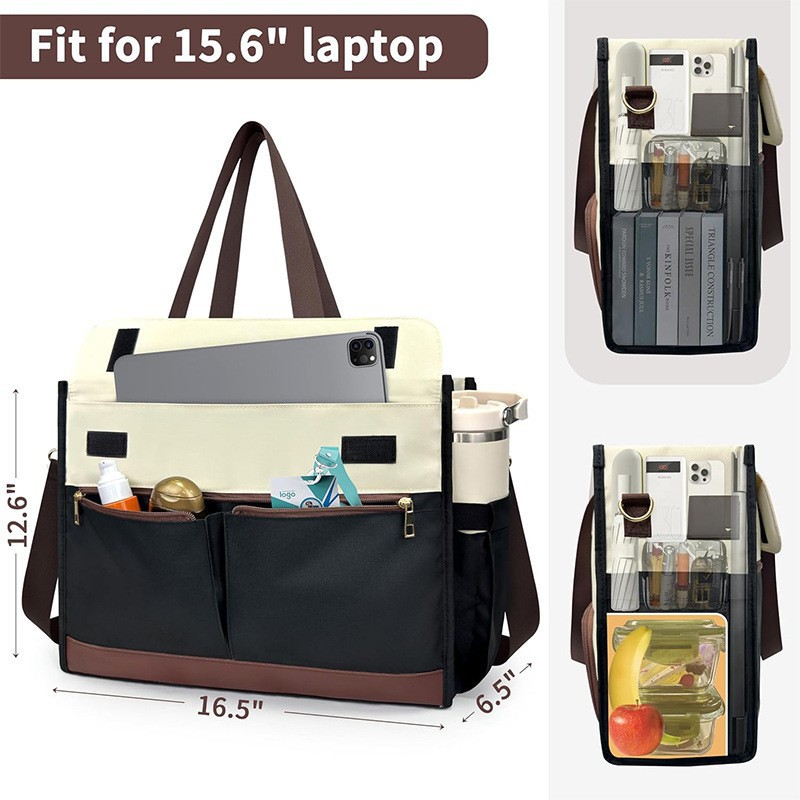 Black-brown Large Capacity Insulated Lunch Tote Bag with Shoulder Strap view 2