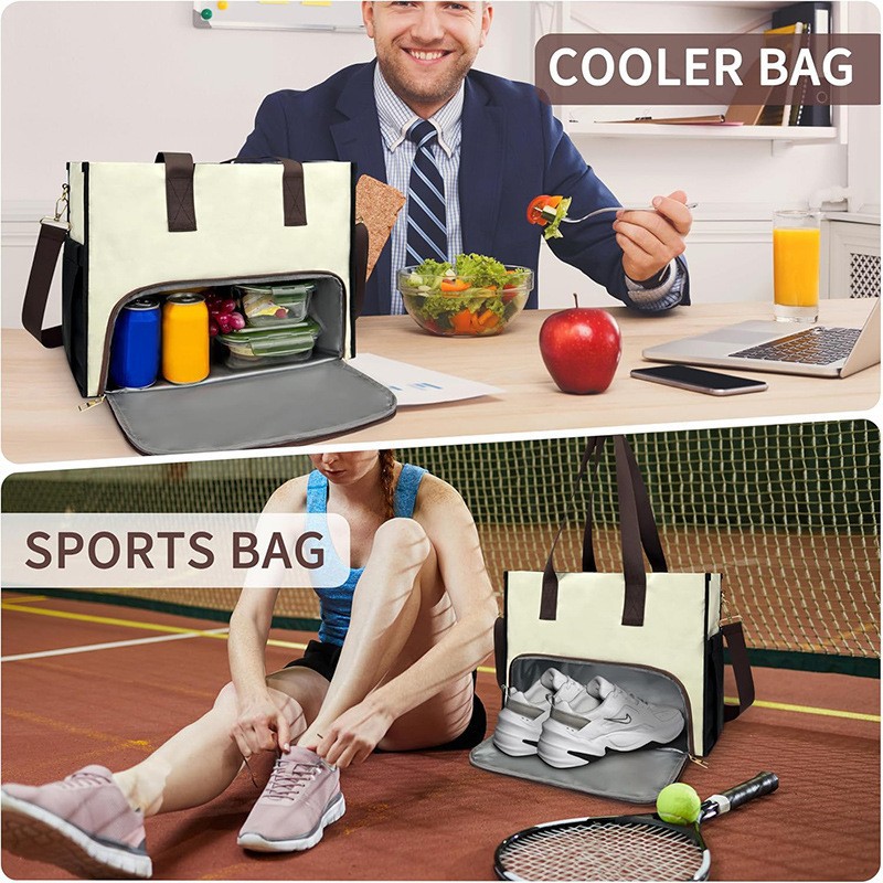 Black-brown Large Capacity Insulated Lunch Tote Bag with Shoulder Strap view 3