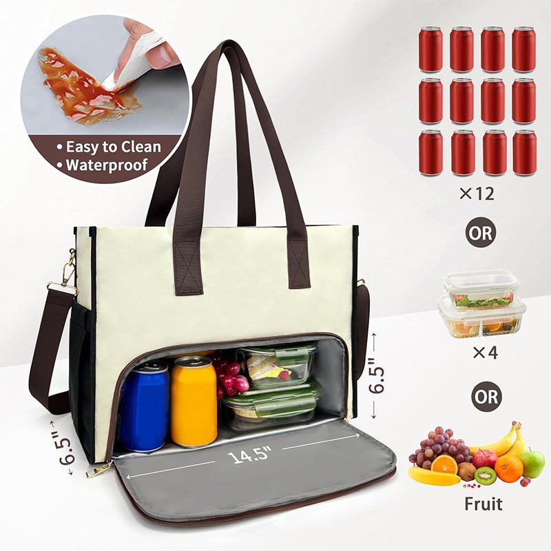 Black-brown Large Capacity Insulated Lunch Tote Bag with Shoulder Strap view 4