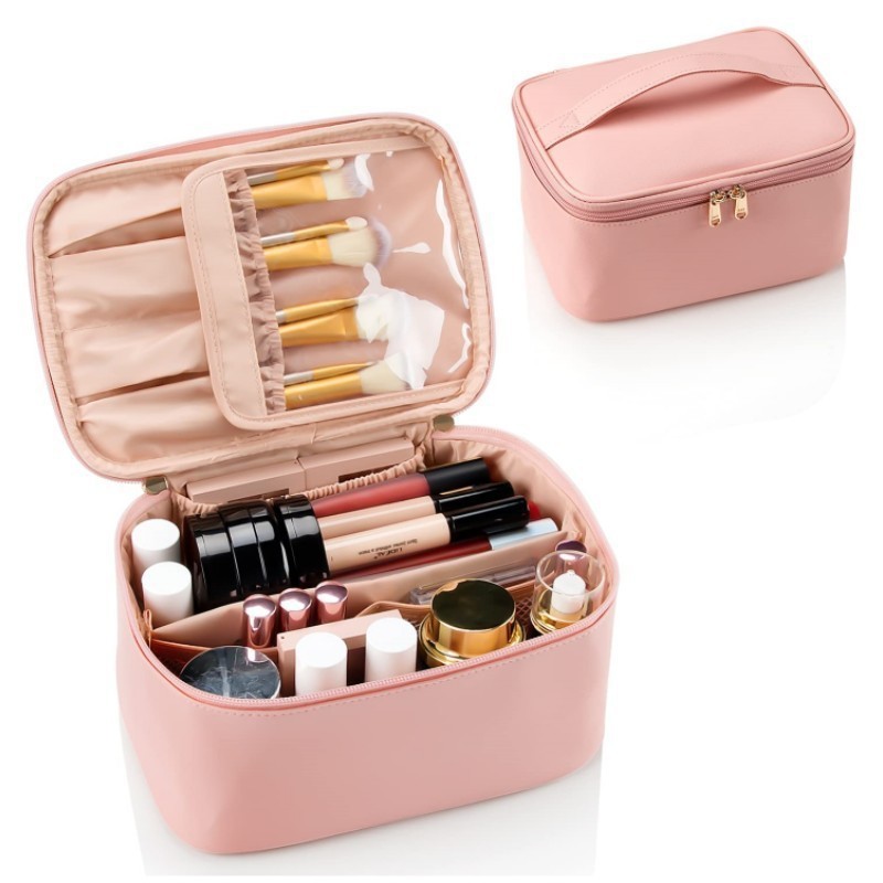 Pink Large Capacity Travel Makeup Bag Portable Cosmetic Case with Handle and