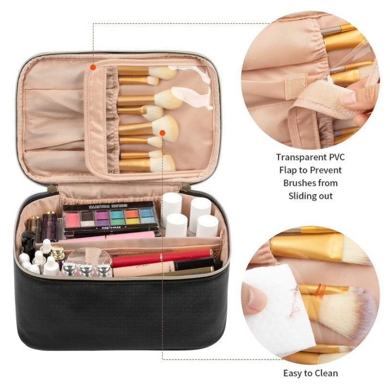 Pink Large Capacity Travel Makeup Bag Portable Cosmetic Case with Handle and view 3