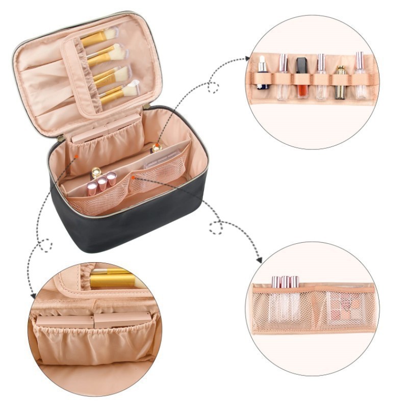 Pink Large Capacity Travel Makeup Bag Portable Cosmetic Case with Handle and view 4