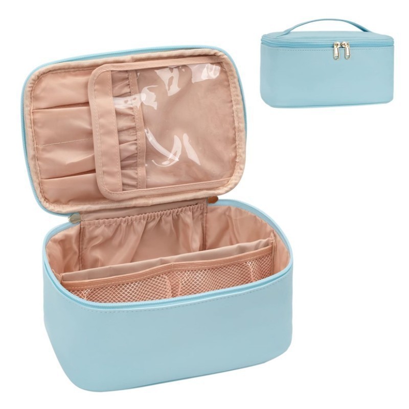 Blue Large Capacity Travel Makeup Bag Portable Cosmetic Case with Handle and