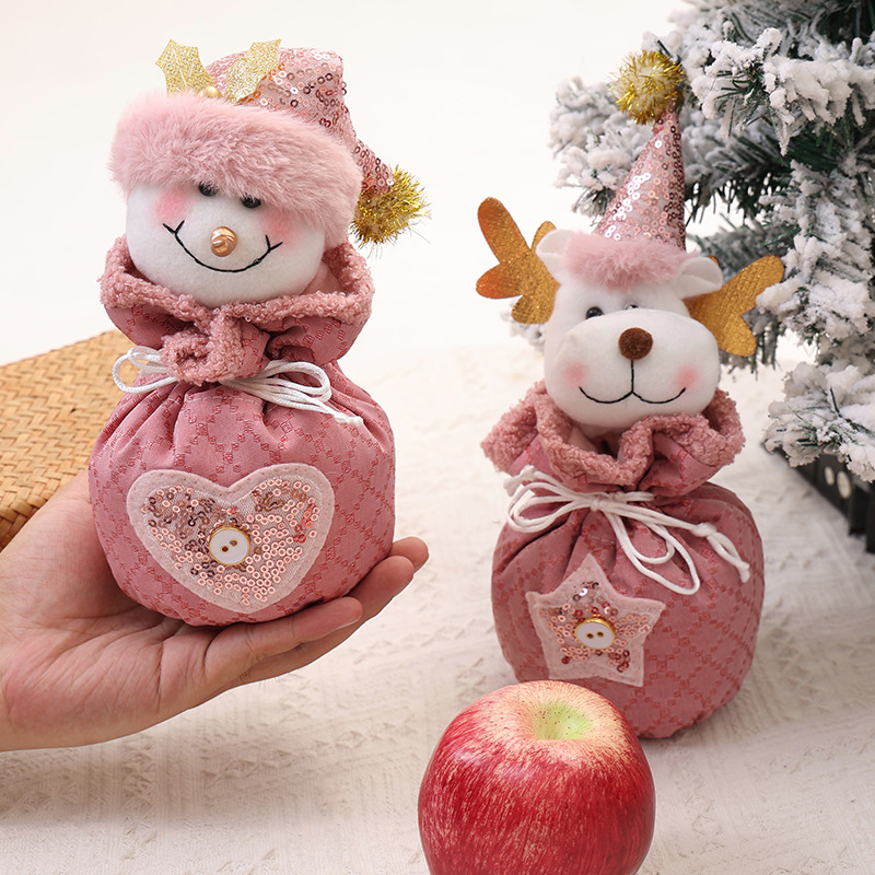 3 Pack Pink Christmas Drawstring Gift Bags Plush 3D Santa Snowman Reindeer view 2