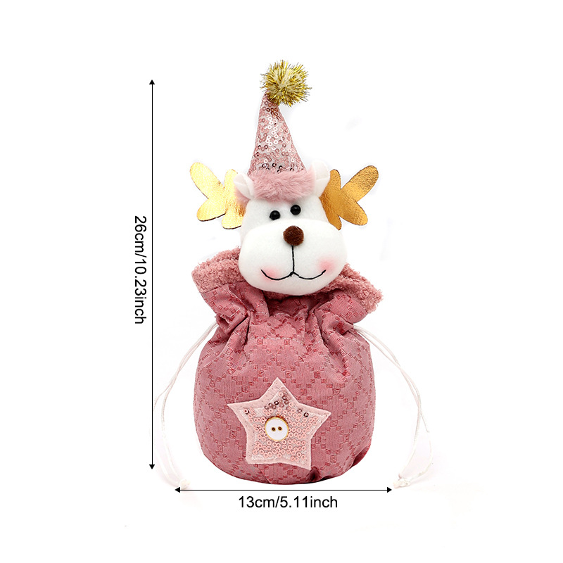 3 Pack Pink Christmas Drawstring Gift Bags Plush 3D Santa Snowman Reindeer view 5