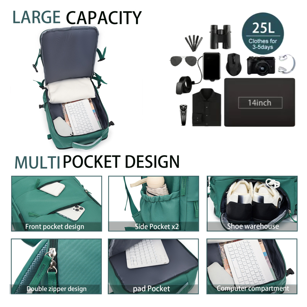 White 25L Travel Laptop Backpack with Shoe Compartment 180 Degree Opening view 5