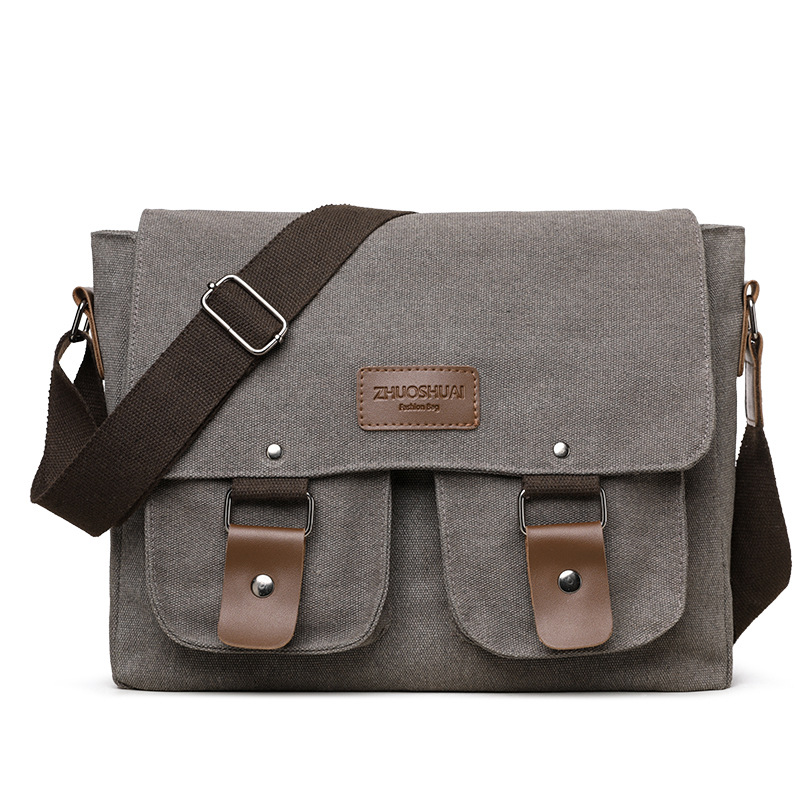 Grey Vintage Canvas Messenger Bag Men Crossbody Satchel Durable Shoulder Bag