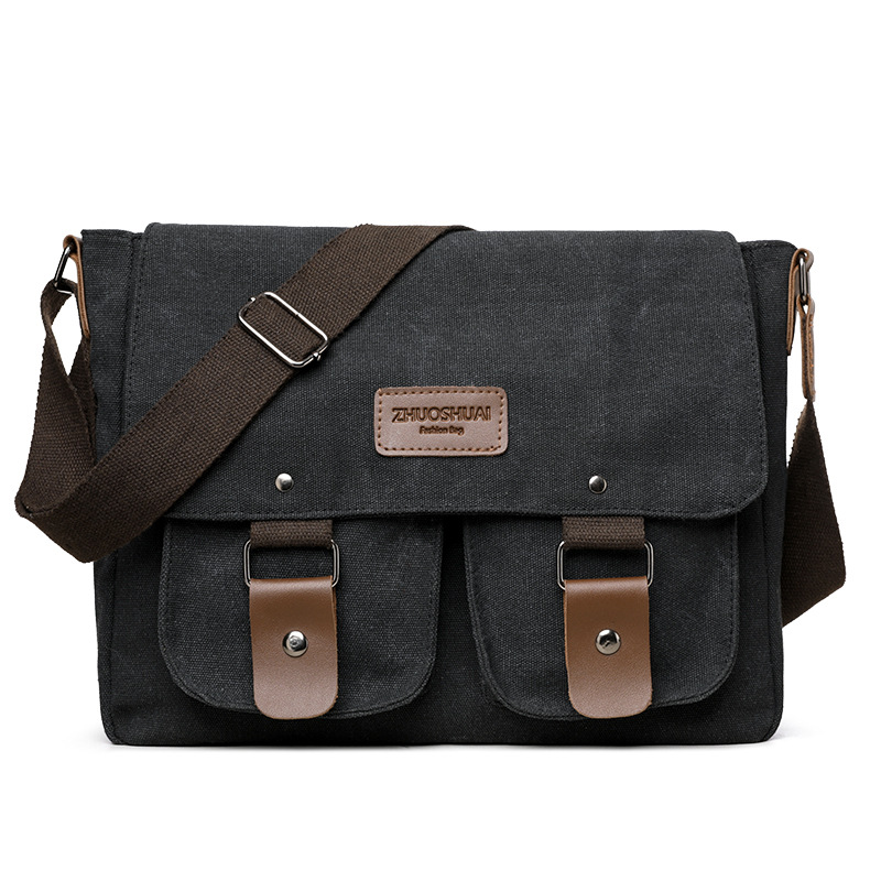 Black Vintage Canvas Messenger Bag Men Crossbody Satchel Durable Shoulder Bag