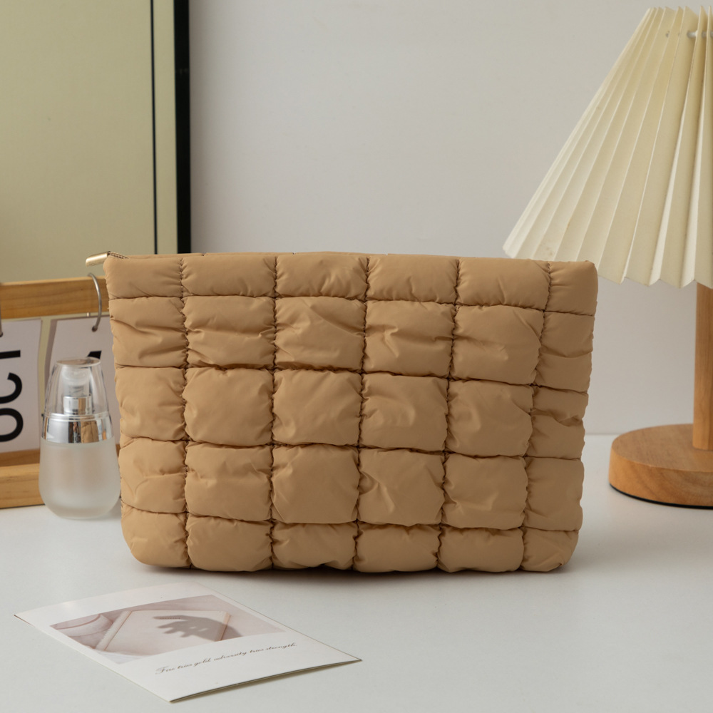 Light Brown 2 Pack Quilted Puffer Clutch Bag Set Checkered Makeup Pouch Women