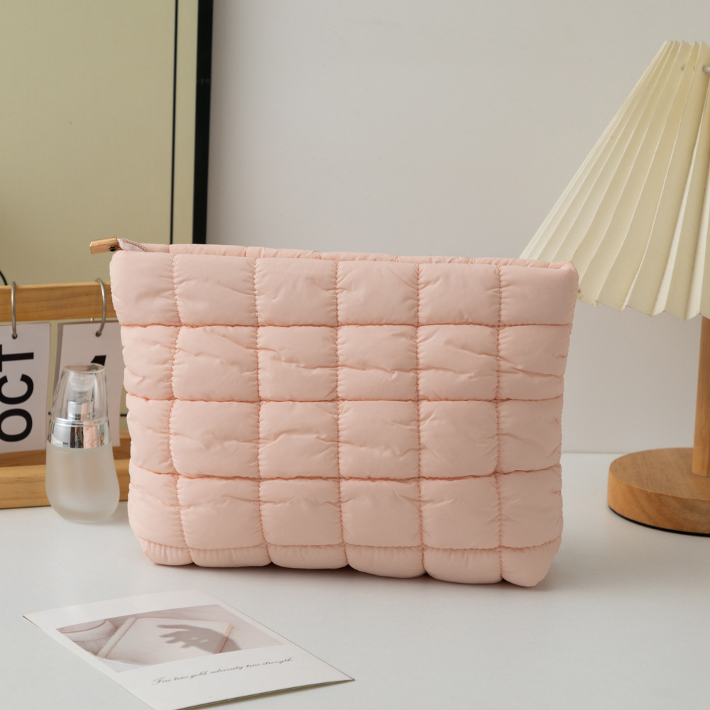 Pink 2 Pack Quilted Puffer Clutch Bag Set Checkered Makeup Pouch Women Fashion