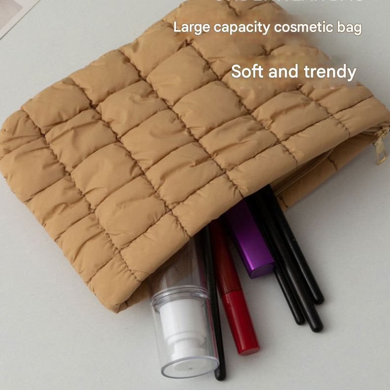 Dark Brown 2 Pack Quilted Puffer Clutch Bag Set Checkered Makeup Pouch Women view 2