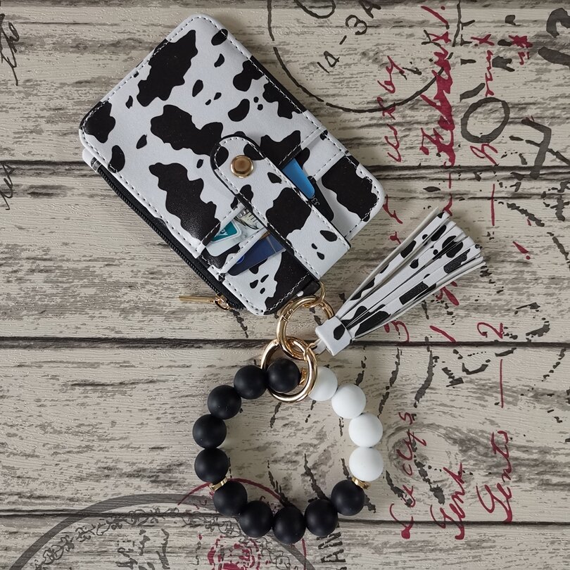2 Pack Black-white Silicone Beaded Wristlet Keychain Wallet Bangle with Tassel