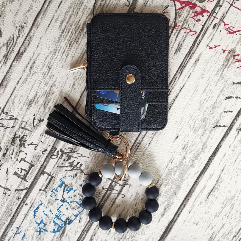 2 Pack Black Silicone Beaded Wristlet Keychain Wallet Bangle with Tassel PU