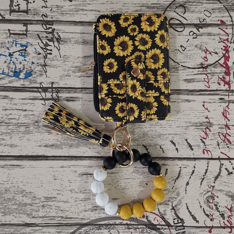 2 Pack Yellow Flower Silicone Beaded Wristlet Keychain Wallet Bangle with