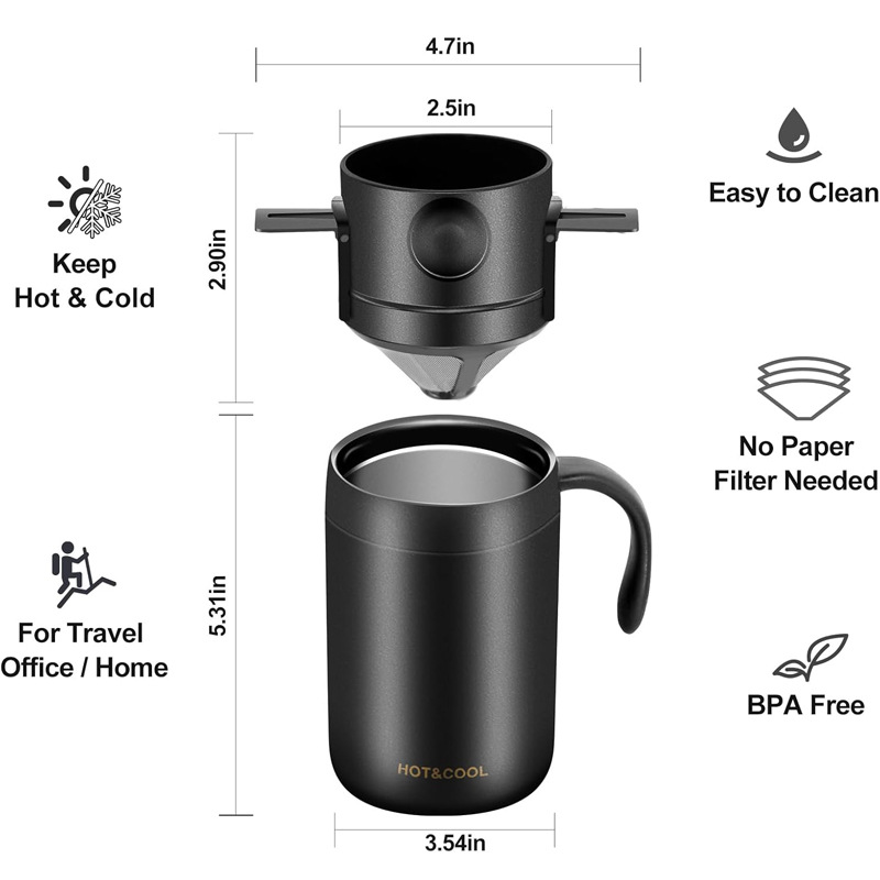Black Portable Pour Over Coffee Maker Set Stainless Steel Insulated Travel Mug view 2