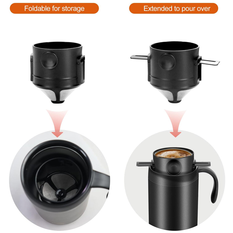 Black Portable Pour Over Coffee Maker Set Stainless Steel Insulated Travel Mug view 3