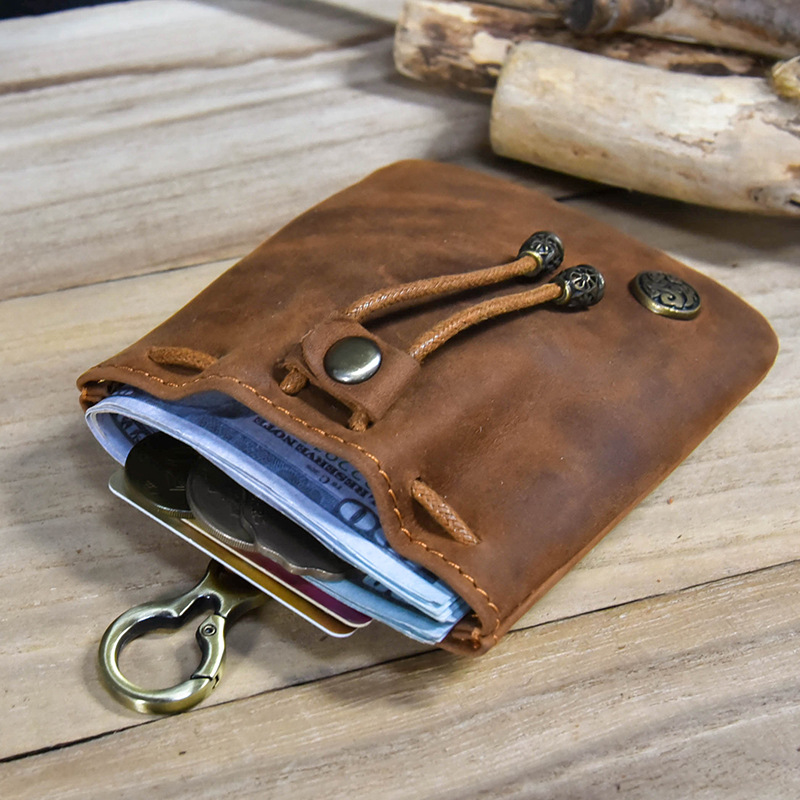 Brown Vintage Crazy Horse Leather Coin Purse Handmade Drawstring Pouch with view 3