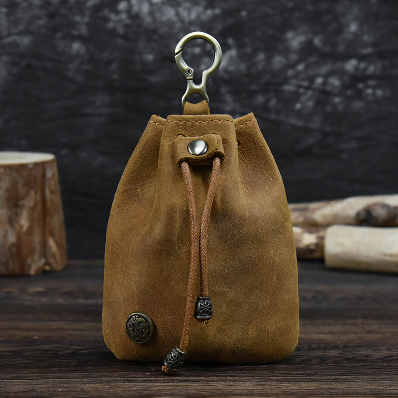 Light Brown Vintage Crazy Horse Leather Coin Purse Handmade Drawstring Pouch